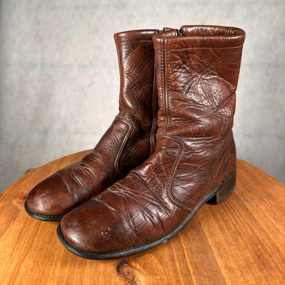 Unbranded Leather Mid Calf Boots Womens 10 Brown Fair Distressed Vintage Zip
